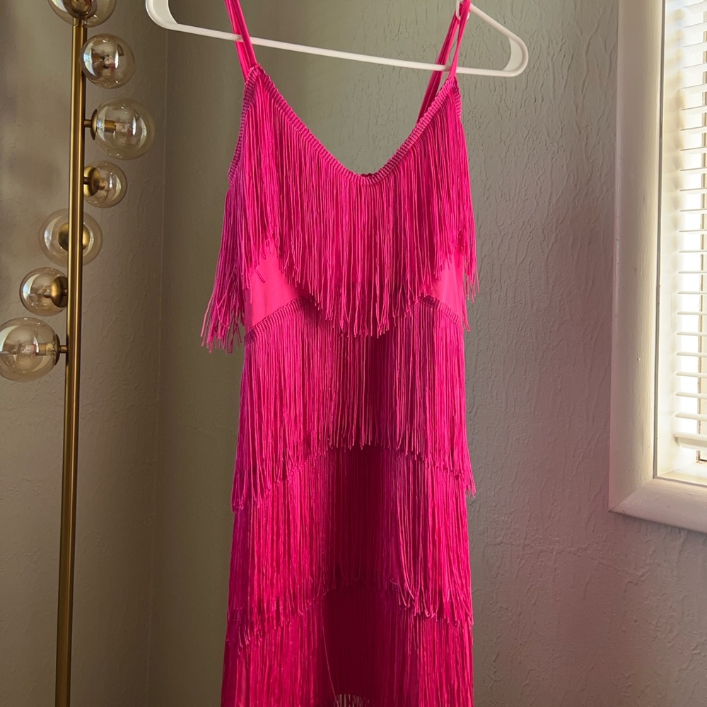 bright pink frilly tight dress